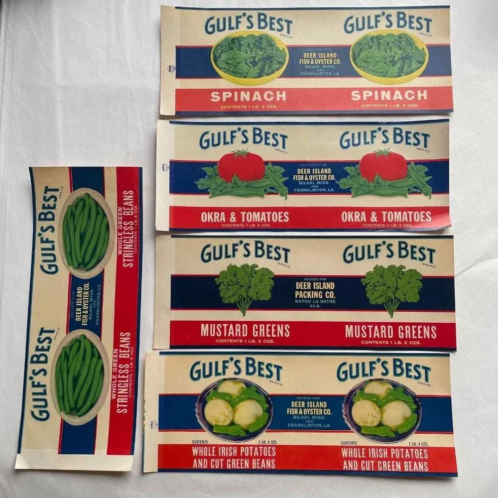 Gulf's Best Can Labels Lot of 5 Vintage Deer Island Fish & Oyster Co‎